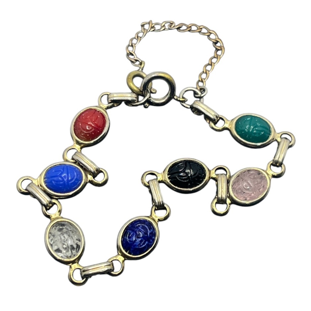 Scarab beetle multicolored stone gold tone vintage bracelet